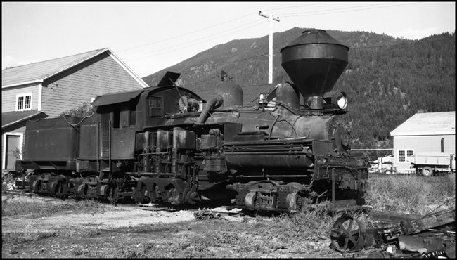 A Lima Shay, the typical logging railroad locomotive, is at rest on the remains of the logging railroad operated by Anaconda, a name that normally evokes thought of copper.  The large smokestack, more typical on a woodburning engine from a previous centurty, has a function on a logging railroad.  It contains a  tight arrangement of wire mesh that will prevent both the escape of most sparks and the resulting forest fire.