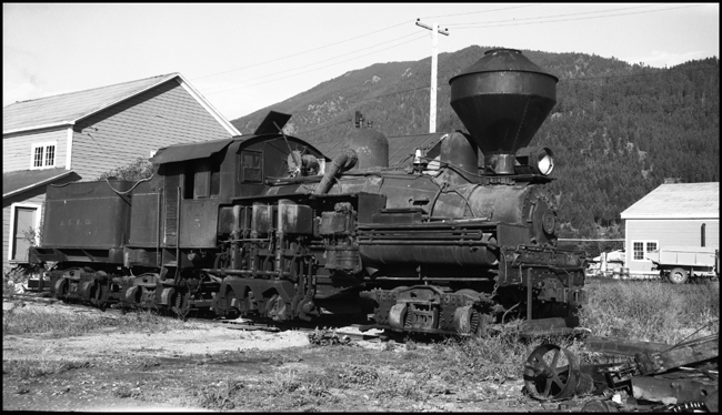 A Lima Shay, the typical logging railroad locomotive, is at rest on the remains of the logging railroad operated by Anaconda, a name that normally evokes thought of copper.  The large smokestack, more typical on a woodburning engine from a previous centurty, has a function on a logging railroad.  It contains a  tight arrangement of wire mesh that will prevent both the escape of most sparks and the resulting forest fire.