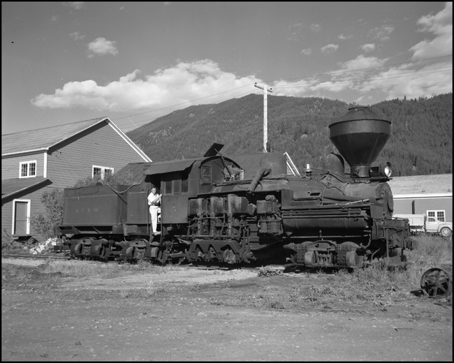 It's hard getting off a locomotive while facing the camera.  The rulebook would frown on this dismount technique, but today there's no one here but us railfans.  A friend leaves the cab of Anaconda Shay 5