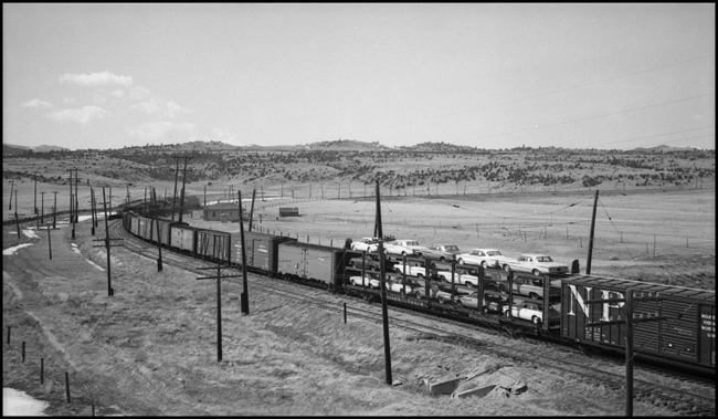 There is a preview of future railroading in this picture as a train of ribbed boxcars, forty footers, wooden boxcars, cattle cars and icebox freefers is punctuated by a triple deck automobile rackflat with a load on 1962 Chrysler products