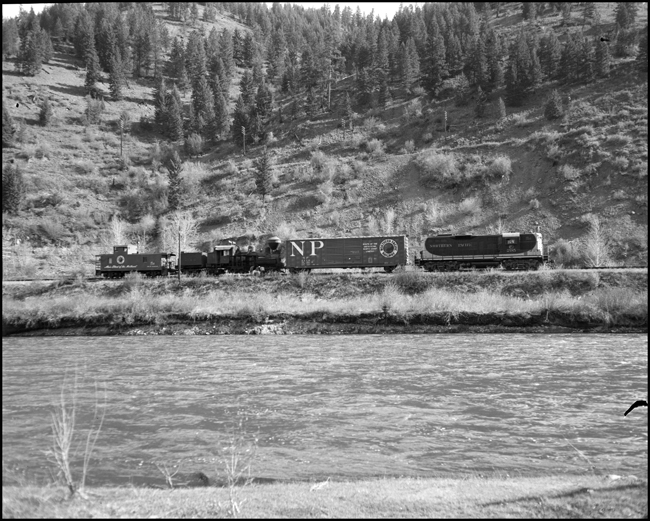 Everything about this picture suggests a model railroad that has achieved perfection, but it is full scale.  A short special train moves a logging locomotive to a new home.  A GP-9 is followed by an empty boxcar used as an idler, a Shay from a logging railroad and a farirly new caboose.
