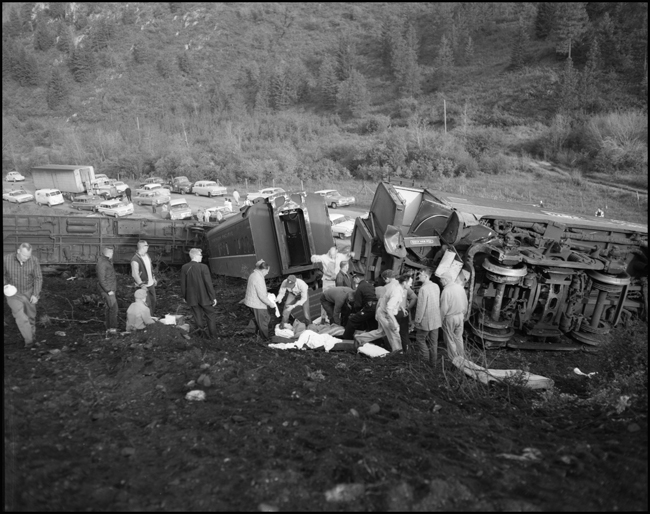 Wreckage of NP passenger train. Train No. 26, the North Coast Limited, derailed 1 mile west of Evaro, MT taking one life.