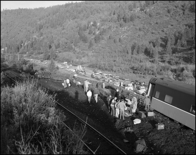Wreckage of NP passenger train. Train No. 26, the North Coast Limited, derailed 1 mile west of Evaro, MT taking one life.