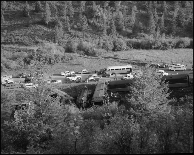 Wreckage of NP passenger train. Train No. 26, the North Coast Limited, derailed 1 mile west of Evaro, MT taking one life.