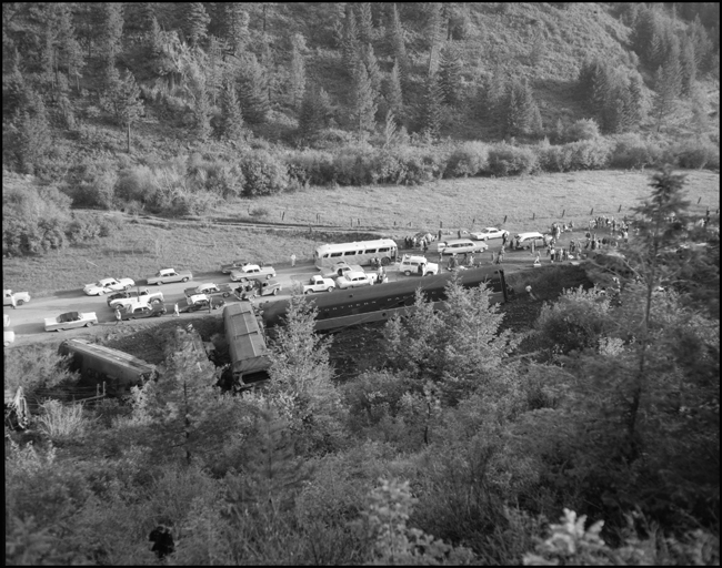 Wreckage of NP passenger train. Train No. 26, the North Coast Limited, derailed 1 mile west of Evaro, MT taking one life.