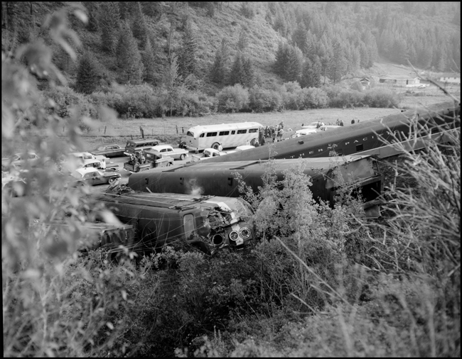 Wreckage of the head end of train No. 26. The North Coast Limited, derailed 1 mile west of Evaro, MT taking one life.