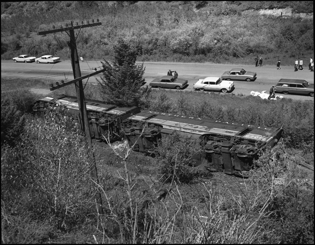 Wreckage of 6510A and 6701B. Train No. 26, The North Coast Limited, derailed 1 mile west of Evaro, MT taking one life.