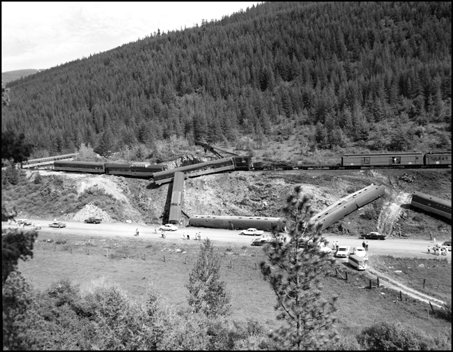 A view of the accident scene form the opposite hill. The North Coast Limited, derailed June 10, 1962 1 mile west of Evaro, MT taking one life.