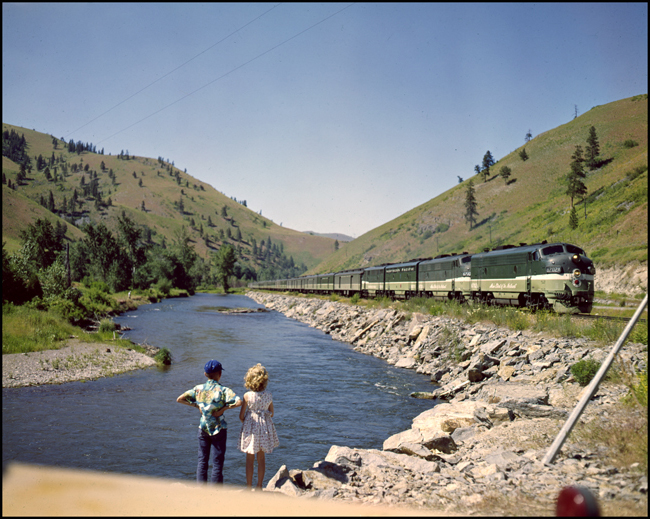 Train No. 2, the Mainstreeter near Ravalli, MT as LDN and JRN, Nixon children or relatives, look on.