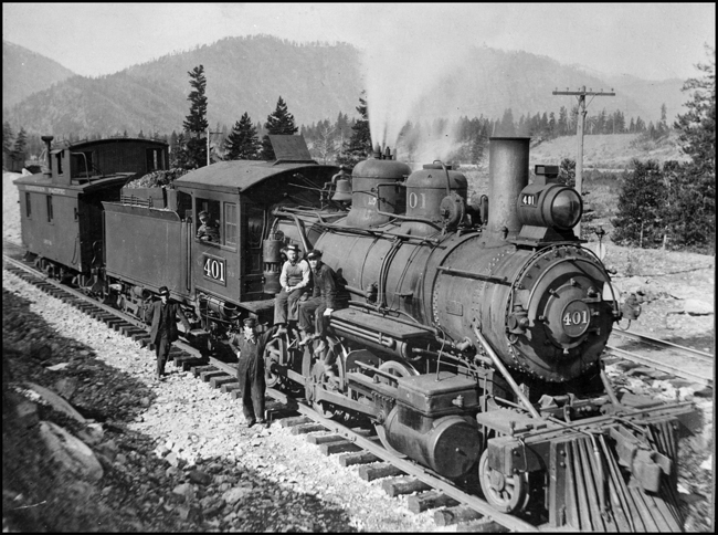 NP 401, Baldwin 2-6-0 Mogel Class D-6 and crew at Rivulet, MT about 1916.