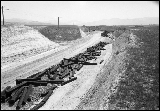 Ties laid out along right of way on new construction near Grass Valley, MT.