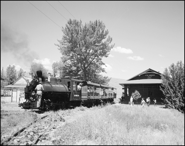 Little 0-4-0 no. 123 leads Alder Gulch Short Line excursion train at the Virginia City, MT, depot.