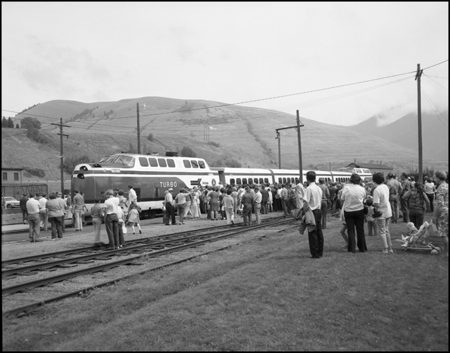 Amtrak Turbo passenger train extra eastbound on display looking east for the public at Missoula, MT.