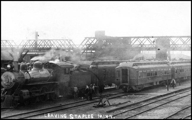 NP turn with passenger cars at Staples, MN.
