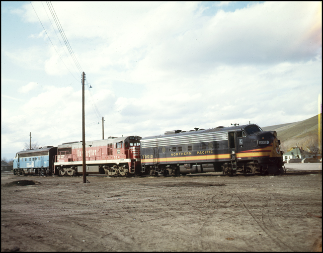 NP, CB&Q and GN road switcher power lined up at Missoula the summer after the merger that formed the Burlington Northern Railroad.