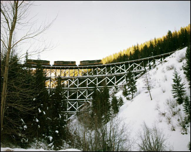 BN locomotives in former NP colors on trestle near Borax, MT