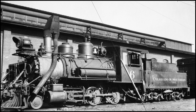 Colorado & Southern Railroad No. 6 at Denver, Colorado.  Note the spark arrester on the smokestack.