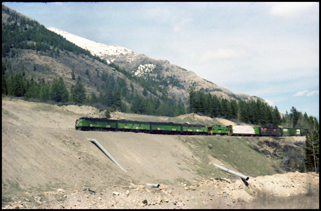 Helpers (BN 816-851-809-and 808, all F carbody units) pushing BN X6502E west of Marias, MT.