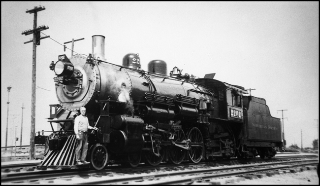 NP 2202 4-6-2 Pacific Class Q-4 at Willow Creek, Montana.  The man is possibly Ron Nixons father Willam Nixon.