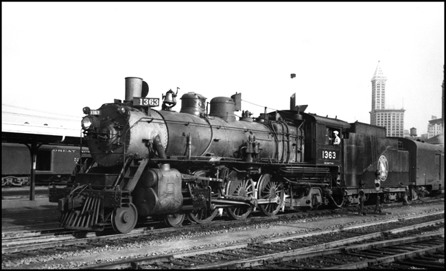 GN 1363. a 4-6-2 heads up GN Train No. 3 at Seattle, Washington.