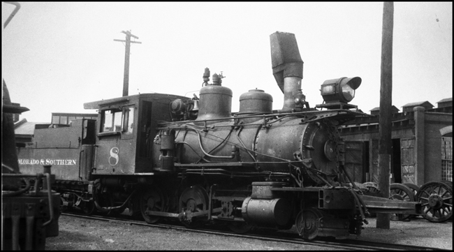 Colorado & Southern Railroad 8, a 2-6-0 with a spark arrester on its smoke stack at Denver.