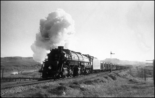 Cattle by the carload are moving east during the autumn rush, and they have help across the badlands from a very big engine.  Engineer Wurleman has Yellowstone 5008 eastbound.  The engine, a 1930 Baldwin product, will spend most of its service life in this territory.  It will be scrapped April, 1955.