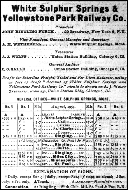 Virtually every railroad had a listing in the industry bible, the Official Guide, a monthly compendium of train schedules and rail travel information.  This is an example from one of the smaller roads, a Montana shortline owned by a family better known for its circus.  By this date, the timetable tells us, passengers were being carried by truck.