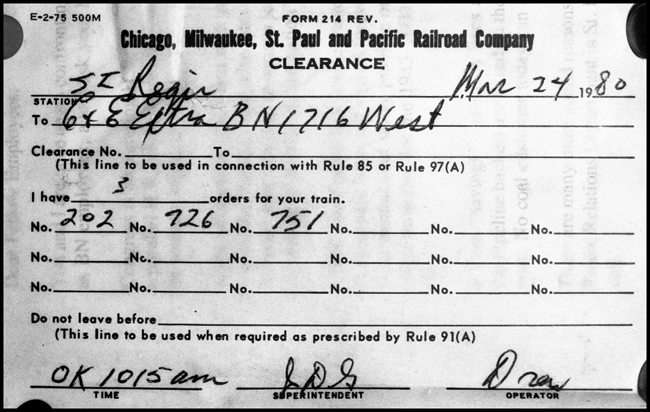 With the Milwaukee retrenchment in the west this clearance, to a Burlington Northern train, was the last one to be issued at Saint Regis station.