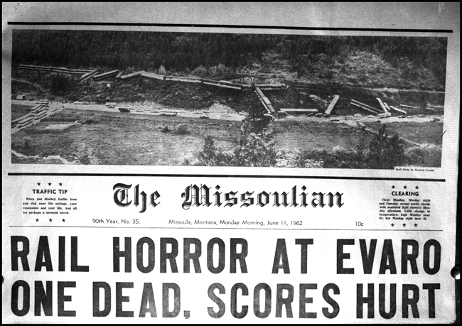 The headlines and the photo in the daily Missoulian portray the worst wreck on the modern Northern Pacific, the derailment of the Notrth Coast Limited on Evaro Hill.