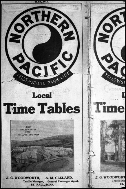 Public timetables have always mixed basic schedule information with a little hype, like the advertising pictures for a new hotel at Yellowstone Park.  NP timetables were attractive, informative and easy to read.