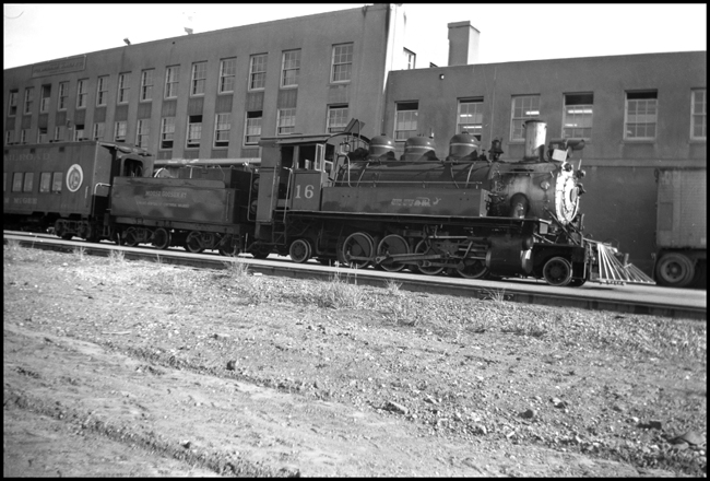 Comox Log 16, 2-8-2 locomotive and passenger car in Anchorage, Alaska