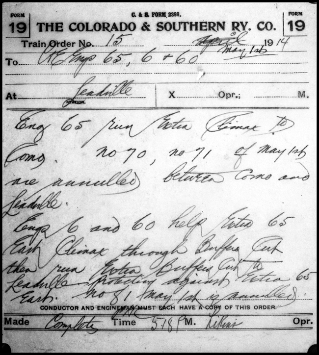 C&S Form 19, train order No. 15, providing for C&S 65 to run extra between Climax and Como.
