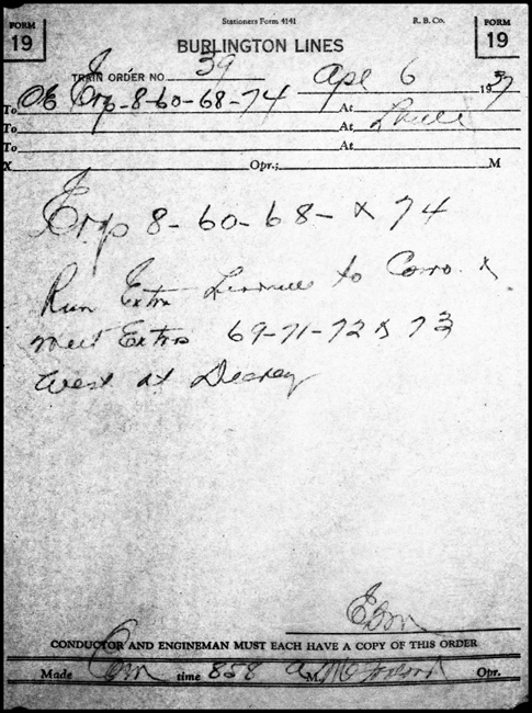 C&S Form 19, train order No. 39 from Leadville