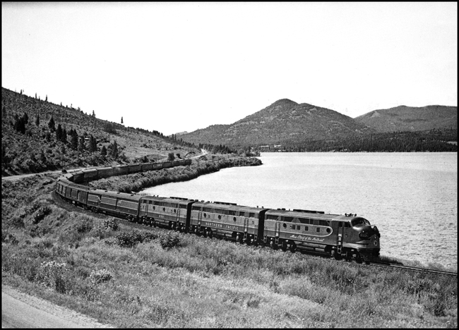 Train No. 2 with Diesel Electric A-B-B power consist, near Cocolalla, ID.