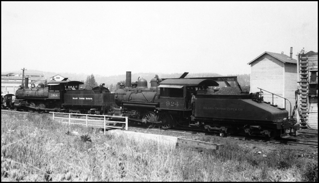 Inland Empire Paper Co, (IEP) 388 and (IEP) 924 steam locomotives at Millwood, WA.  No. 924 was purchased by IEP from the NP and retained its number.