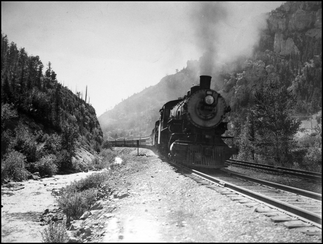 NP Train No. 4 with 1582, Class W emerging from Rocky Canyon and approaching Chestnut, east of Bozeman, MT.