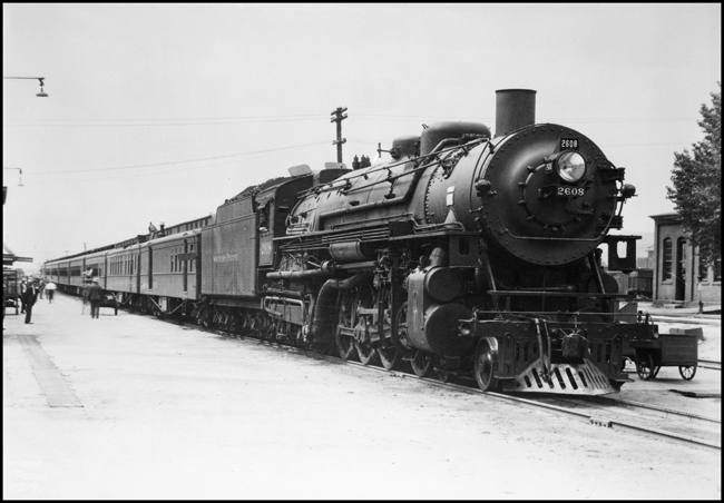 NP Train No. 2, with NP 2608, Class A under blue flag protection at Missoula during inspection and servicing.
