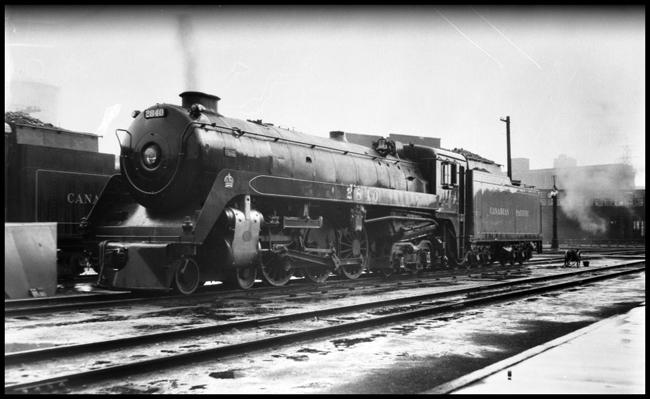 CPR 2840, 4-6-4 built by Montreal Locomotive Works dressed in a streamline jacket, at Toronto.