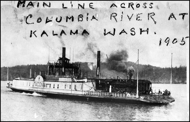 NP 214, Class P-1 with passenger cars on Ferry Tacoma crossing Columbia River, nearing Kalama, WA