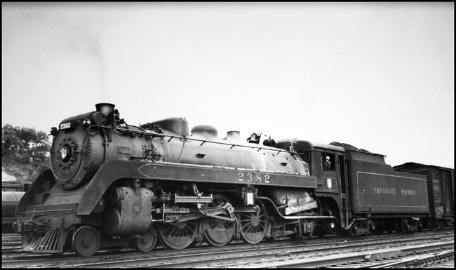 CPR 2382, 4-6-2 locomotive with streamlining attire at Moose Jaw, SK.