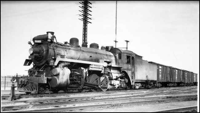 CPR 5105, 2-8-2 on freight train in Winnipeg yard.