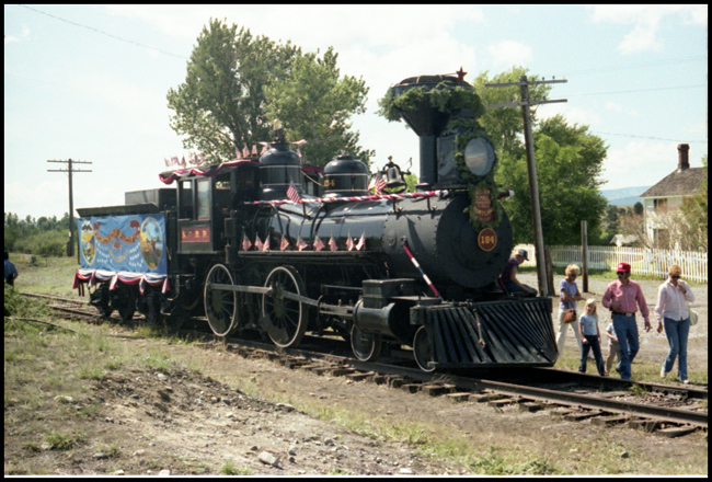 Sierra 8, 4-4-0 steam locomotive dressed up for Display for some special function in Deer Lodge. Locomotive formerly NP 154.