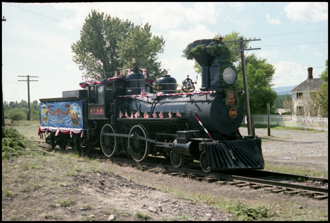Sierra 8, 4-4-0 steam locomotive dressed up for Display for some special function in Deer Lodge. Locomotive formerly NP 154.
