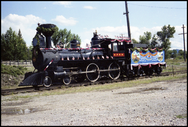 Sierra 8, 4-4-0 steam locomotive dressed up for Display for some special function in Deer Lodge. Locomotive formerly NP 154.