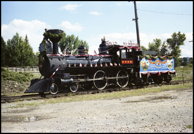Sierra 8, 4-4-0 steam locomotive dressed up for Display for some special function in Deer Lodge. Locomotive formerly NP 154.