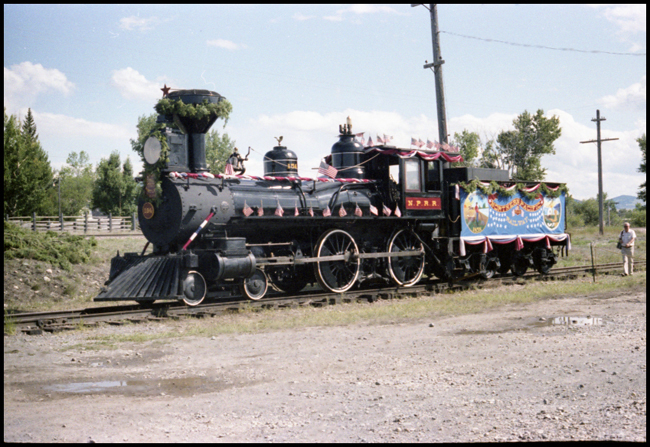 Sierra 8, 4-4-0 steam locomotive dressed up for Display for some special function in Deer Lodge. Locomotive formerly NP 154.