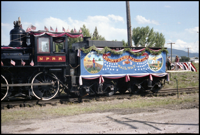 Sierra 8, 4-4-0 steam locomotive dressed up for Display for some special function in Deer Lodge. Locomotive formerly NP 154.