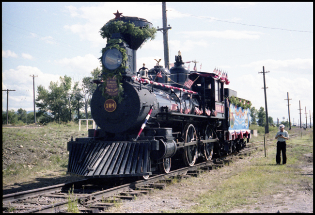 Sierra 8, 4-4-0 steam locomotive dressed up for Display for some special function in Deer Lodge. Locomotive formerly NP 154.