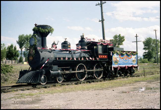 Sierra 8, 4-4-0 steam locomotive dressed up for Display for some special function in Deer Lodge. Locomotive formerly NP 154.
