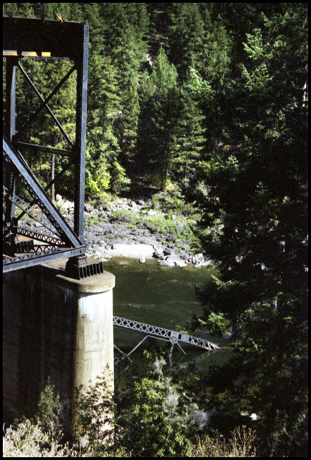 Wrecked Milwaukee Trestle near Cyr, showing where center span dropped.